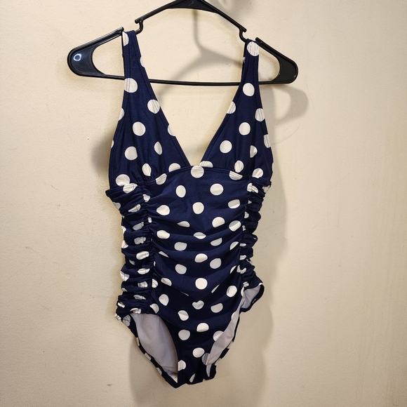 DKNY women's Navy Blue One Polka Dot  Piece Swimmer size 7 - Picture 4 of 10